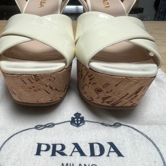 Prada Patent Leather Cream Color Nib Crisscross Wedge Sandals Size 37 - Picture 7 of 16